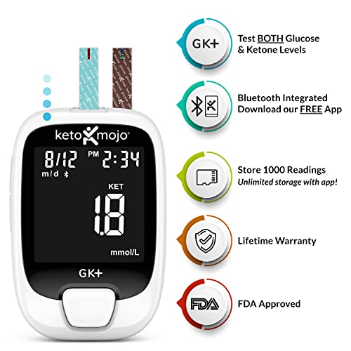 KETO-MOJO GK+ Bluetooth Glucose & Ketone Testing Kit + Free APP for Ketosis & Diabetes Management. 20 Blood Test Strips (10 Each), Meter, 20 Lancets, Lancing Device, and Control Solutions