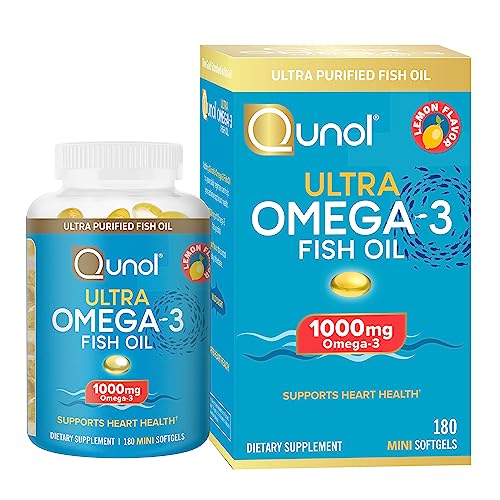 Qunol Fish Oil Omega 3 Mini Softgels, Qunol 1000mg Omega 3 EPA + DHA, Ultra Pure Supplements, Heart Health Support, Lemon Flavor, Easy to Swallow Minis, 3 Month Supply, 180 Count