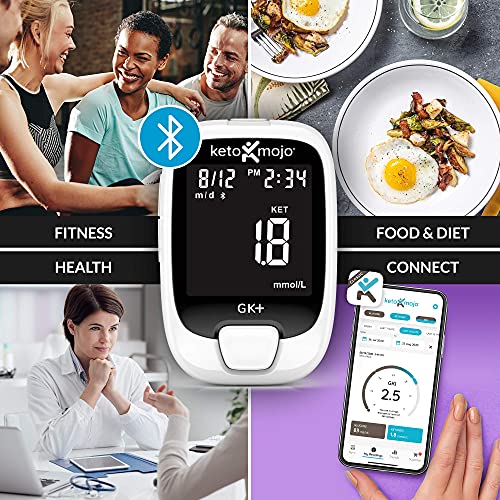 KETO-MOJO GK+ Bluetooth Glucose & Ketone Testing Kit + Free APP for Ketosis & Diabetes Management. 20 Blood Test Strips (10 Each), Meter, 20 Lancets, Lancing Device, and Control Solutions