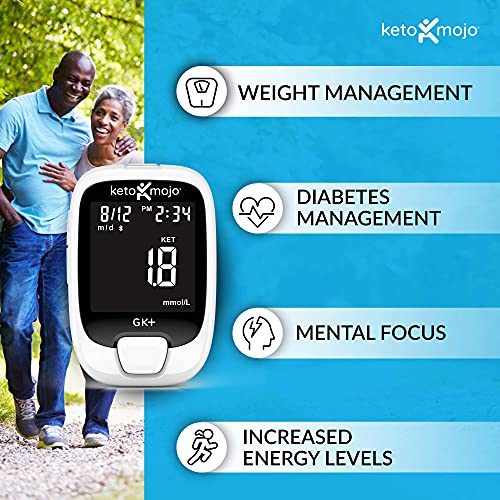 KETO-MOJO GK+ Bluetooth Glucose & Ketone Testing Kit + Free APP for Ketosis & Diabetes Management. 20 Blood Test Strips (10 Each), Meter, 20 Lancets, Lancing Device, and Control Solutions